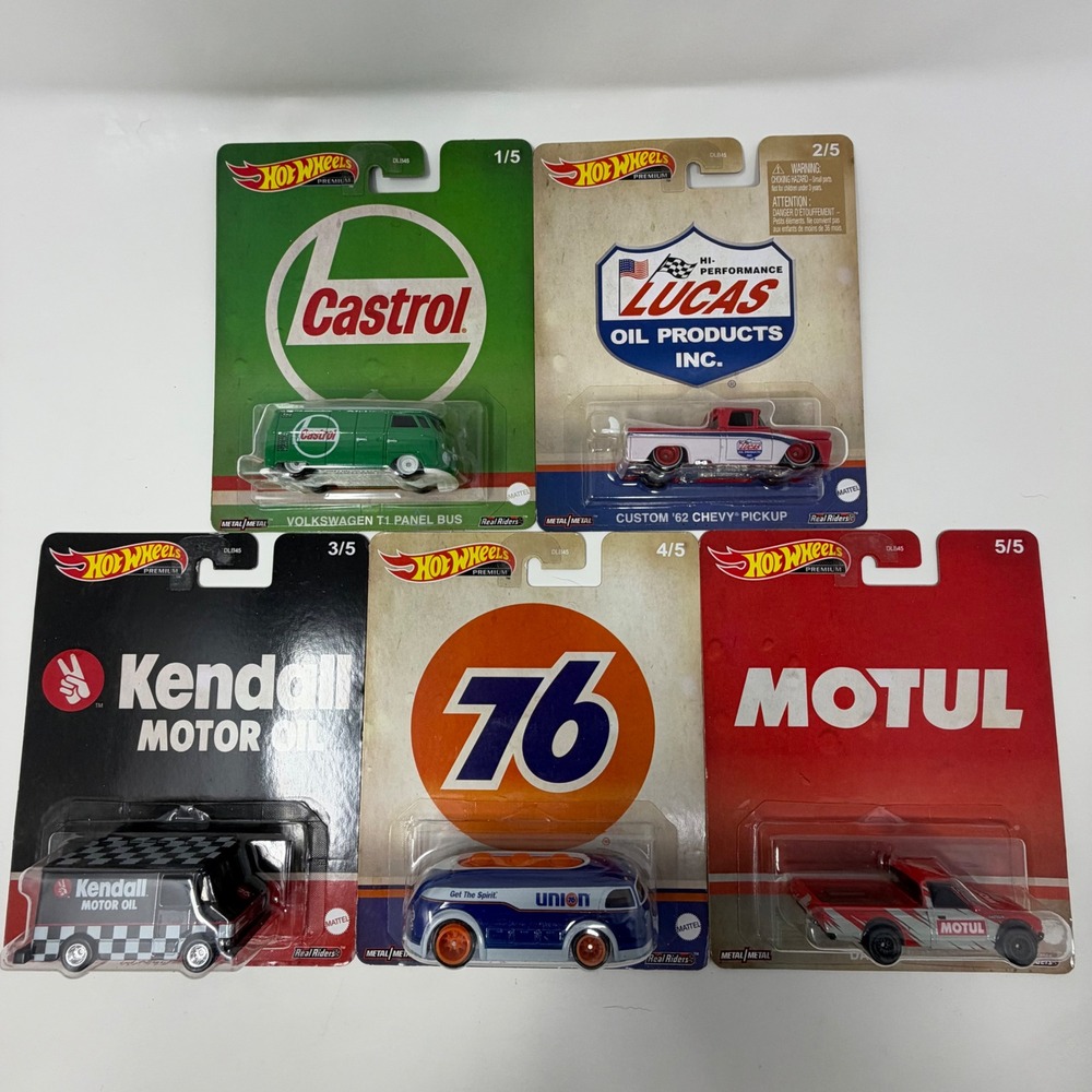 Hot Wheels Premium Pop Culture Motor Oil Complete Set Real Riders Castrol Motul
